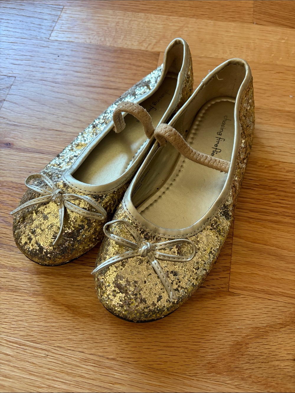 Children's Gold Glitter Ballet Flats with Bow - 1